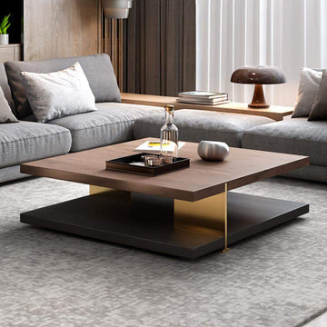 Industrial Black & Walnut Square Pedestal Coffee Table Solid Wood Accent Table-Richsoul-Coffee Tables,Furniture,Living Room Furniture